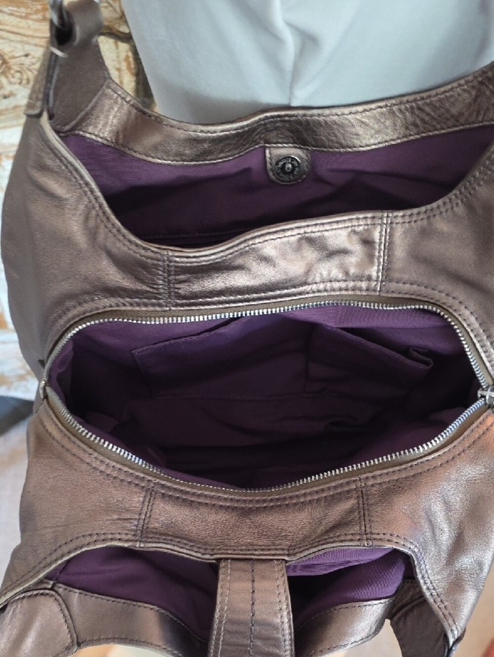 Coach Metallic Bronze/ Gold Leather Shoulder Bag with Silver Hardware - Picture 7 of 14